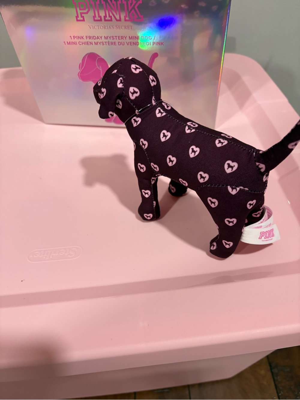 PINK Victoria's Secret Black Heart-Print Plush Dog Figurine - Picture 1 of 3